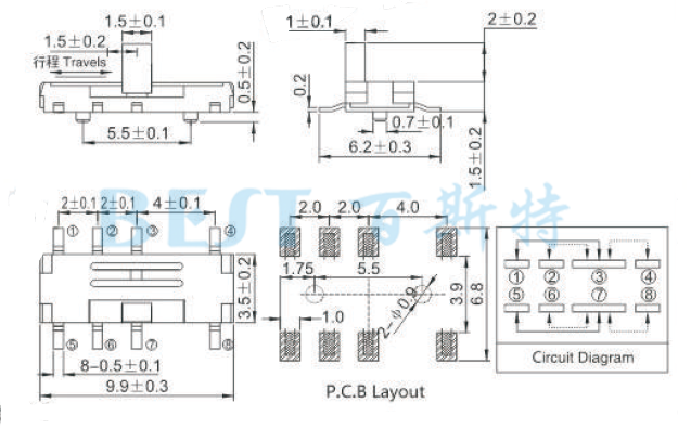 微型撥動開關(guān)MSK-23C01參考圖紙
