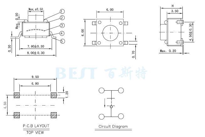 輕觸開關(guān)6×6_TS-1109W_參考圖紙